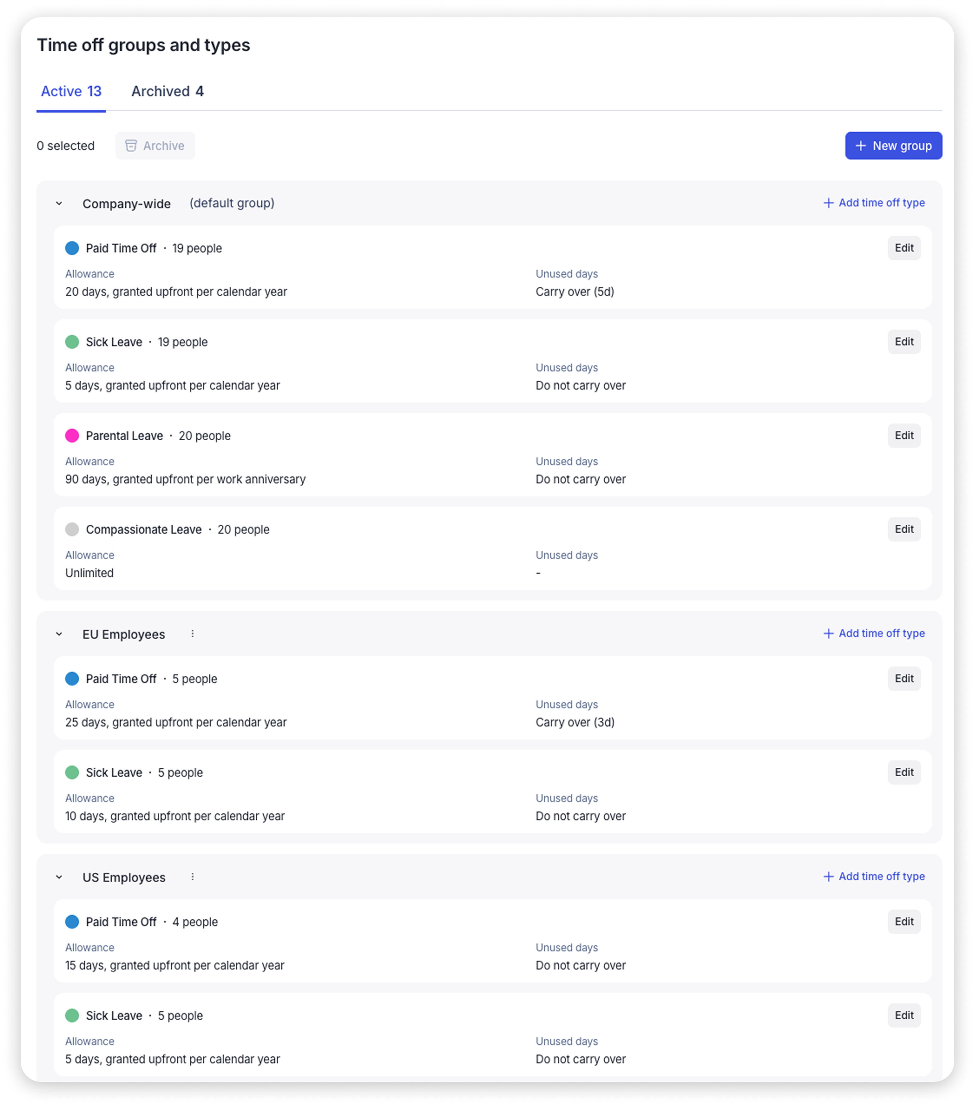 Time off groups and types settings