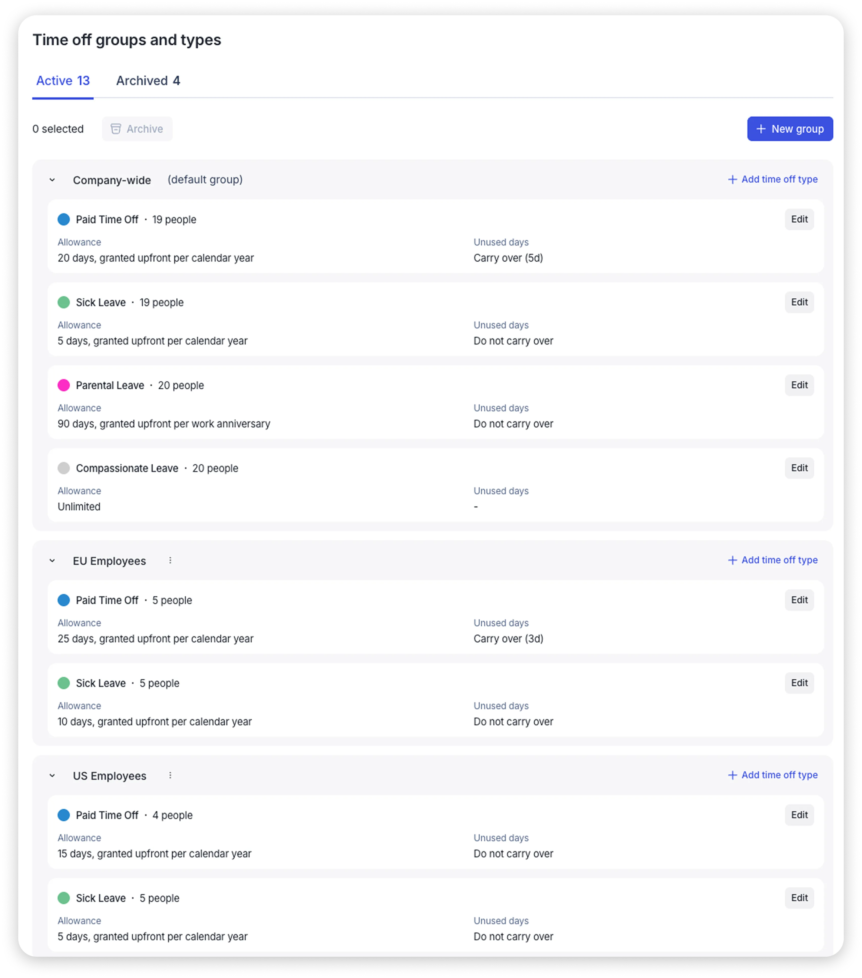 Time off groups and types settings