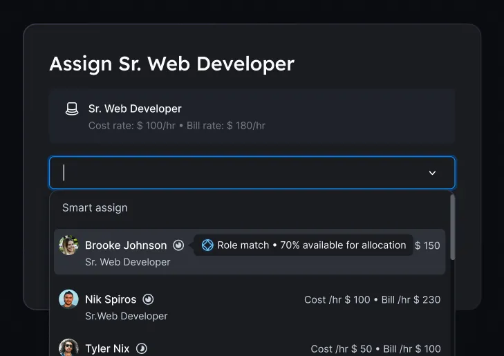 A modal in Float showing smart assign with recommended roles based on fit