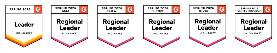 A photo showing 鶹.com's mid-market leadership badges in resource management including: overall leader and regional leader for Asia, EMEA, Europe, India, and the United Kingdom