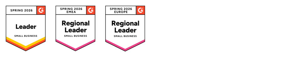 A photo showing Float.com's small business leadership badges in resource management including: overall leader and regional leader for EMEA and Europe