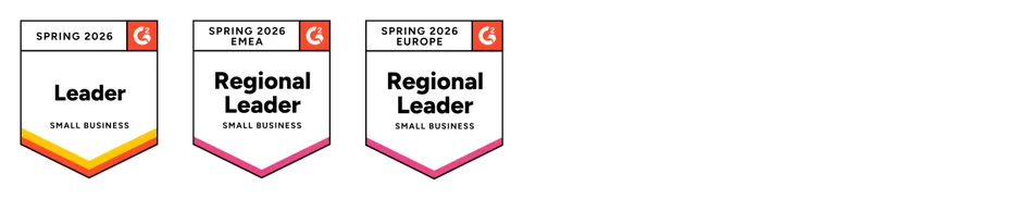 A photo showing 鶹.com's small business leadership badges in resource management including: overall leader and regional leader for EMEA and Europe