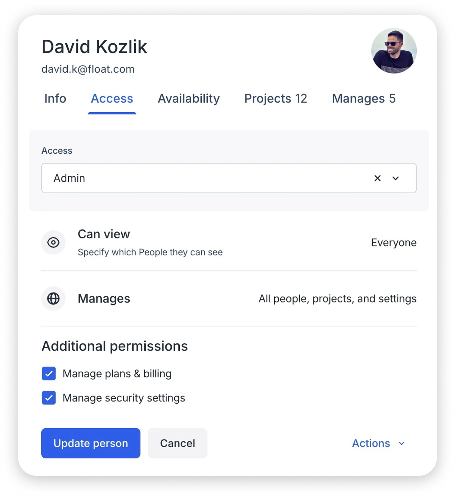 A person modal with the new Admin permissions