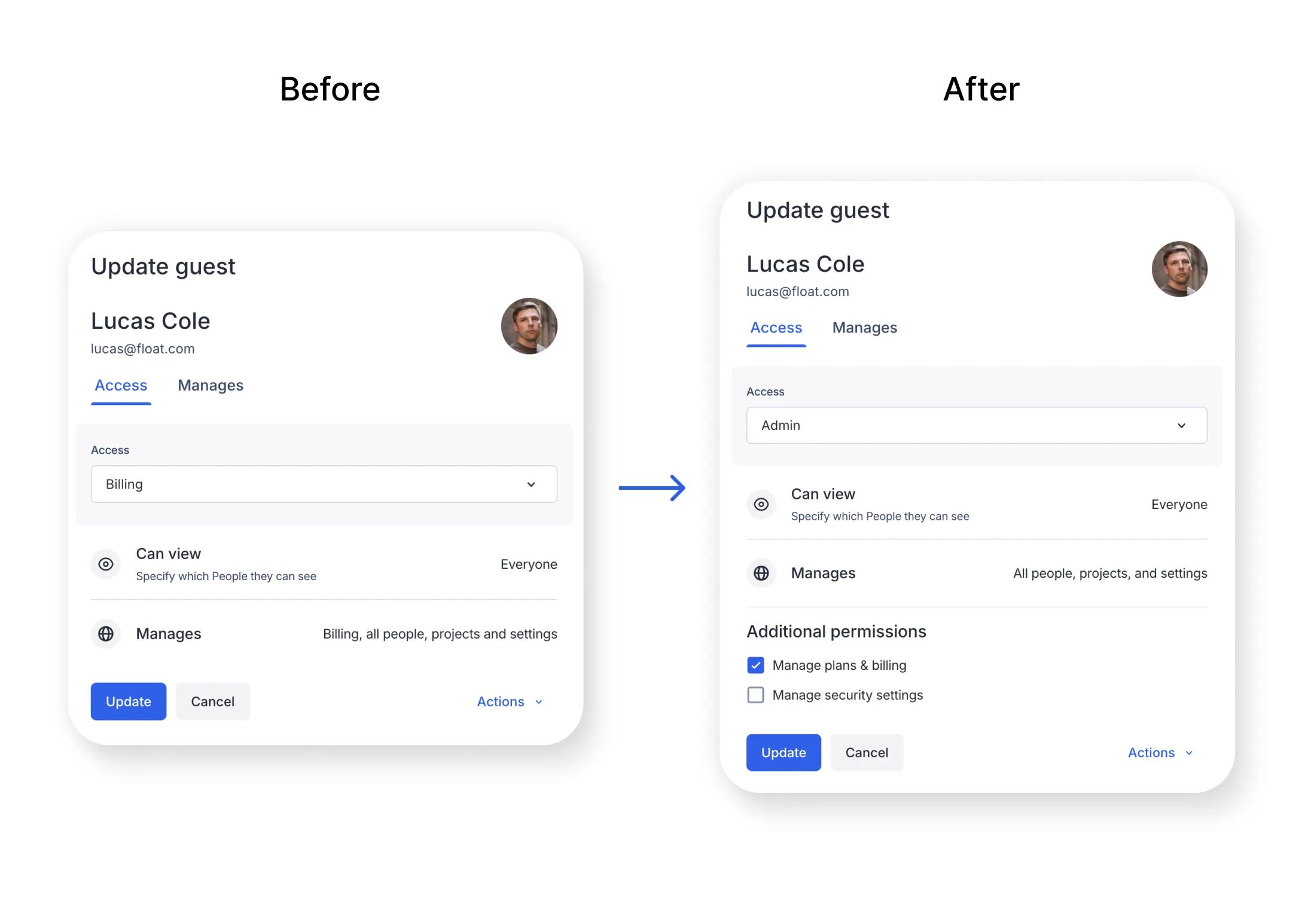 Guest billing permissions before and after.
