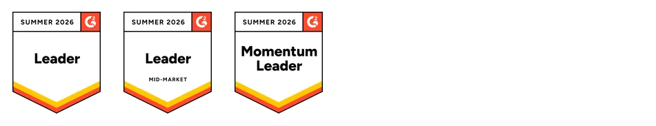 G2 Summer 2026 badges for resource management including the #1 leader badge overall, the mid-market leader badge, and the momentum leader badge