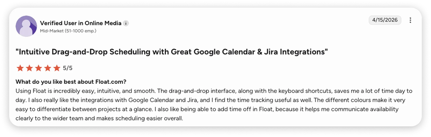 A 5-star G2 review from an existing ����ɫ��Ƭ customer