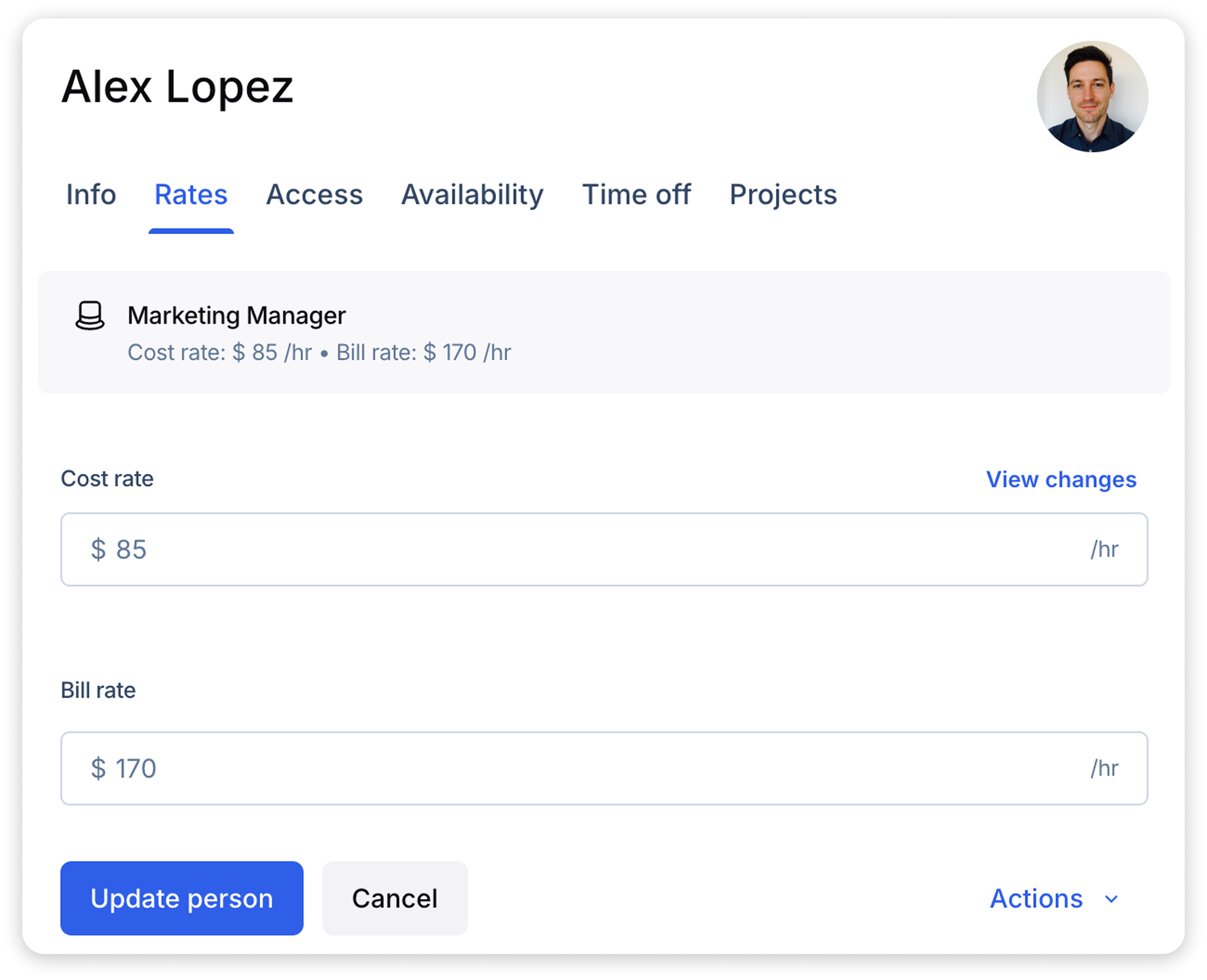 Rates tab in the person profile