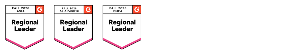 G2 badges for Fall 2026 showing leadership in all regional categories: Regional Leader, Asia, Regional Leader, Asia Pacific, Regional Leader, EMEA