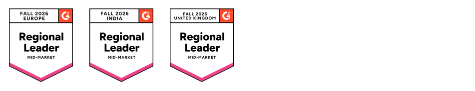 G2 badges for Fall 2026 showing leadership in all core mid-market categories: Regional Leader, Mid-Market Europe, Regional Leader, Mid-Market India, Regional Leader, Mid-Market United Kingdom