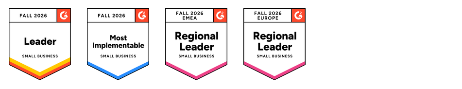 G2 badges for Fall 2026 showing leadership in all small business categories: Leader, Small Business Resource ManagementMost Implementable, Small Business Resource Management, Regional Leader, Small Business EMEA, Regional Leader, Small Business Europe