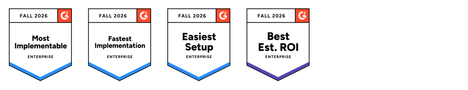 G2 badges for Fall 2026 showing leadership in all Enterprise categories: Most Implementable, Enterprise Resource ManagementFastest Implementation, Enterprise Resource ManagementEasiest Setup, Enterprise Resource Management, Best Estimated ROI, Enterprise Resource Management