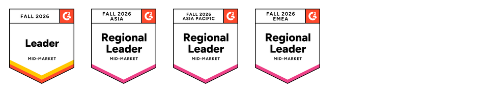 G2 badges for Fall 2026 showing leadership in all core mid-market categories: Leader, Mid-Market Resource Management, Regional Leader, Mid-Market AsiaRegional Leader, Mid-Market Asia Pacific, Regional Leader, Mid-Market EMEA