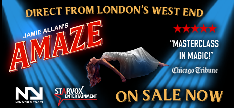 Advertisement for Amaze show featuring spotlights and a floating woman