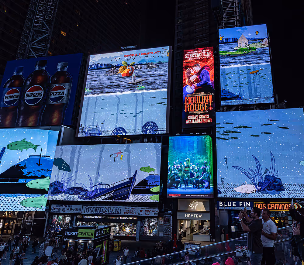 An artwork showing a splitscreen of a river on the screens of Times Square at midnight
