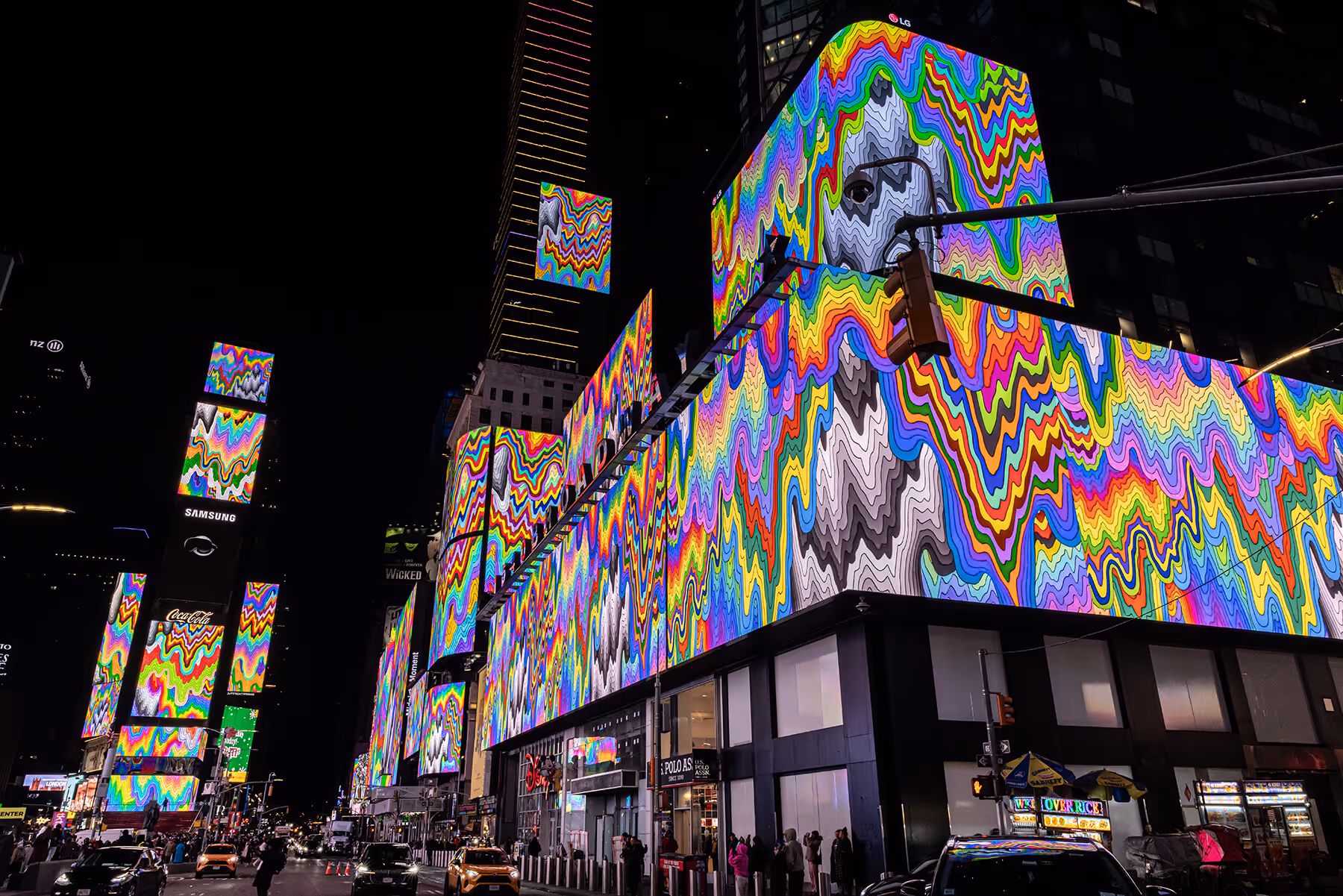 Drip Cascade by Jen Stark on the screens of Times Square at midnight.
