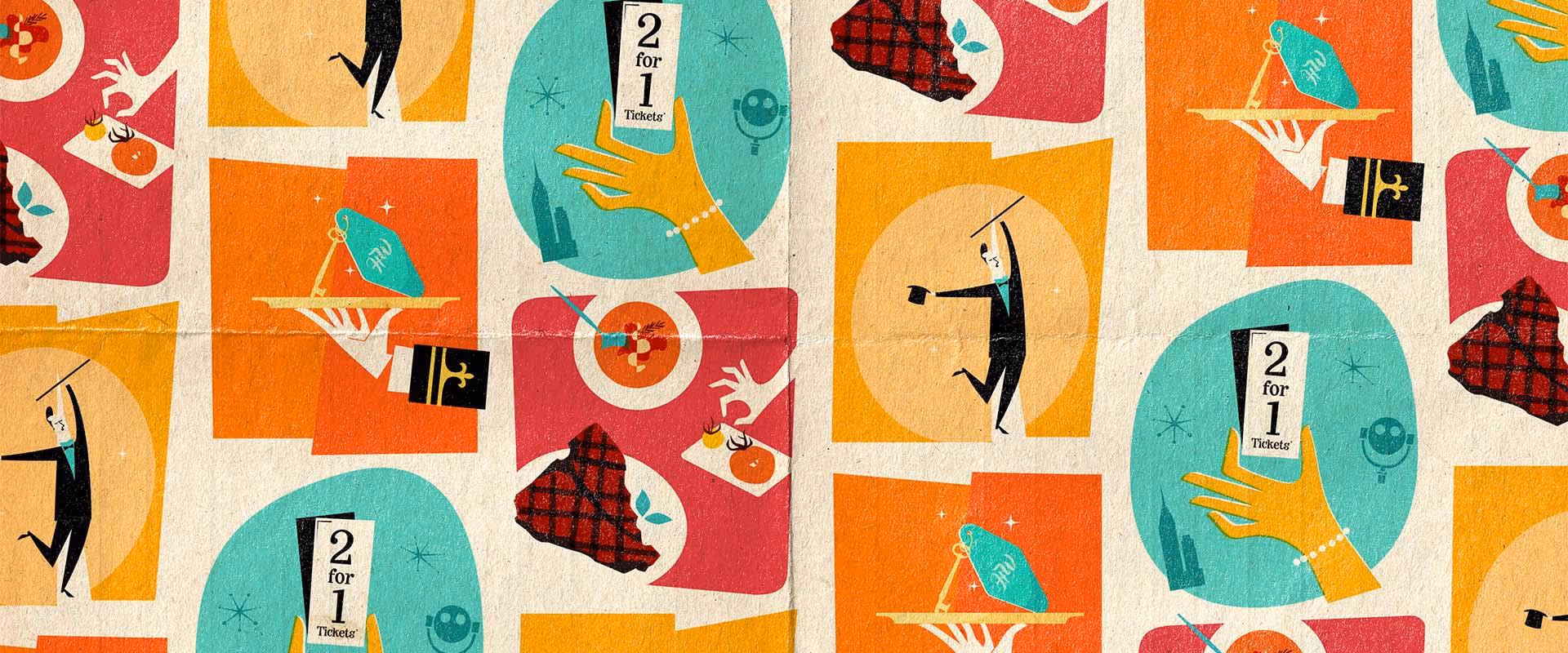 A promotional graphic showing illustrations of food, tickets, keys, and performers