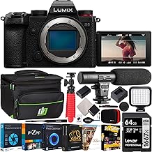 LUMIX S5 4K Mirrorless Full Frame Interchangeable L-Mount Lens Camera Body DC-S5BODY Bundle with Deco Gear Microphone + LED + Photography Bag + Software Kit & Accessories
