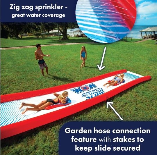 Wow Sports - Super Slide - Giant Inflatable Backyard Slide - Slip n Slide Fun for Adults & Children - Zigzag Sprinkler Design & 2 Mega Sleds - 25ft x 6 ft
