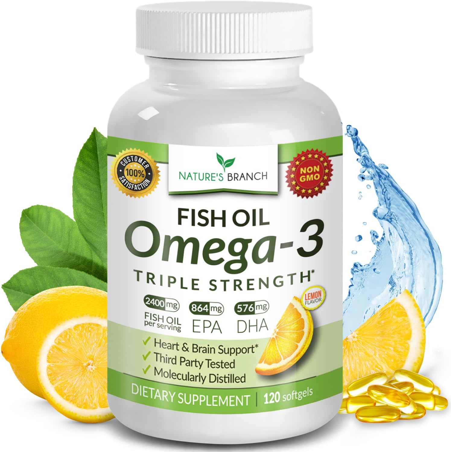 Best Triple Strength Omega 3 Fish Oil Pills - 180 Capsules - 2400mg High Potency Burpless Lemon Flavor 864mg EPA 576mg DHA Ultra Pure Liquid Softgels for Brain Joints Eyes Heart Health Supplement