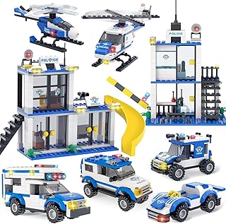 WishaLife City Police Station Building Kit, Includes 4 Police Cars & 2 Helicopter Toy, Gifts for 6 Plus Year Old Kids, Boys & Girls
