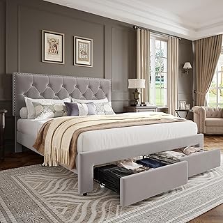 King Size Bed Frame with 2 Storage Drawers, Vintage Velvet Upholstered Bedframe with Wooden Slat Support and Button Tufted Wingback Headboard, No Box Spring Needed, Noise Free, Beige