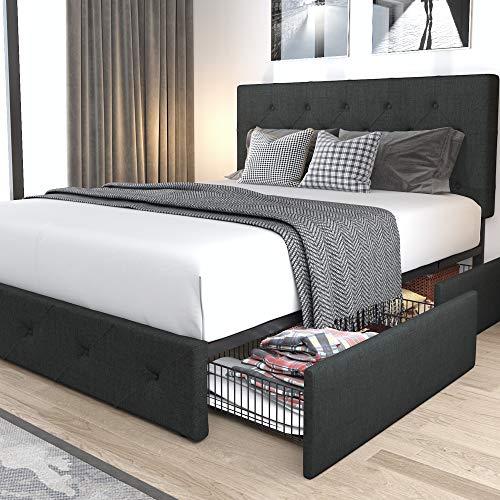 Allewie Upholstered King Size Platform Bed Frame with 4 Storage Drawers and Headboard, Diamond Stitched Button Tufted, Mattress Foundation with Wooden Slats Support, No Box Spring Needed, Dark Grey