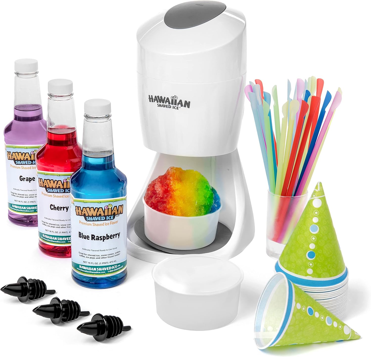 S900A Snow Cone and Shaved Ice Machine with 2 Reusable Plastic Ice Mold Cups, Non-slip Mat, Instruction Manual, 1-year Manufacturer’s Warranty, 120V, White