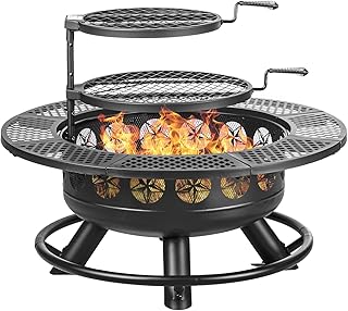 Hykolity 35 Inch Fire Pit with 2 Cooking Grate & Charcoal Pan, Outdoor Wood Burning BBQ Grill Firepit Bowl with Cover Lid, Steel Round Table for Backyard Bonfire Patio Picnic