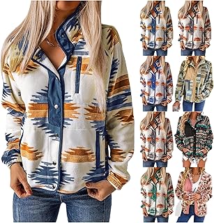 Women's Cozy Fleece Jacket Western Aztec Print Button Down Coat with Pockets Casual Warm Outwear 2024