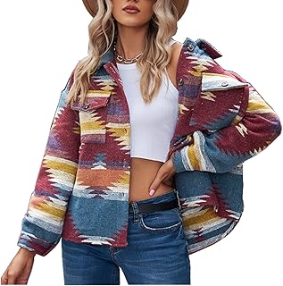 COWOKA Women's Vintage Aztec Print Pattern Loose Shacket Button Down Long Sleeve Woolen Jacket Shirts Coat