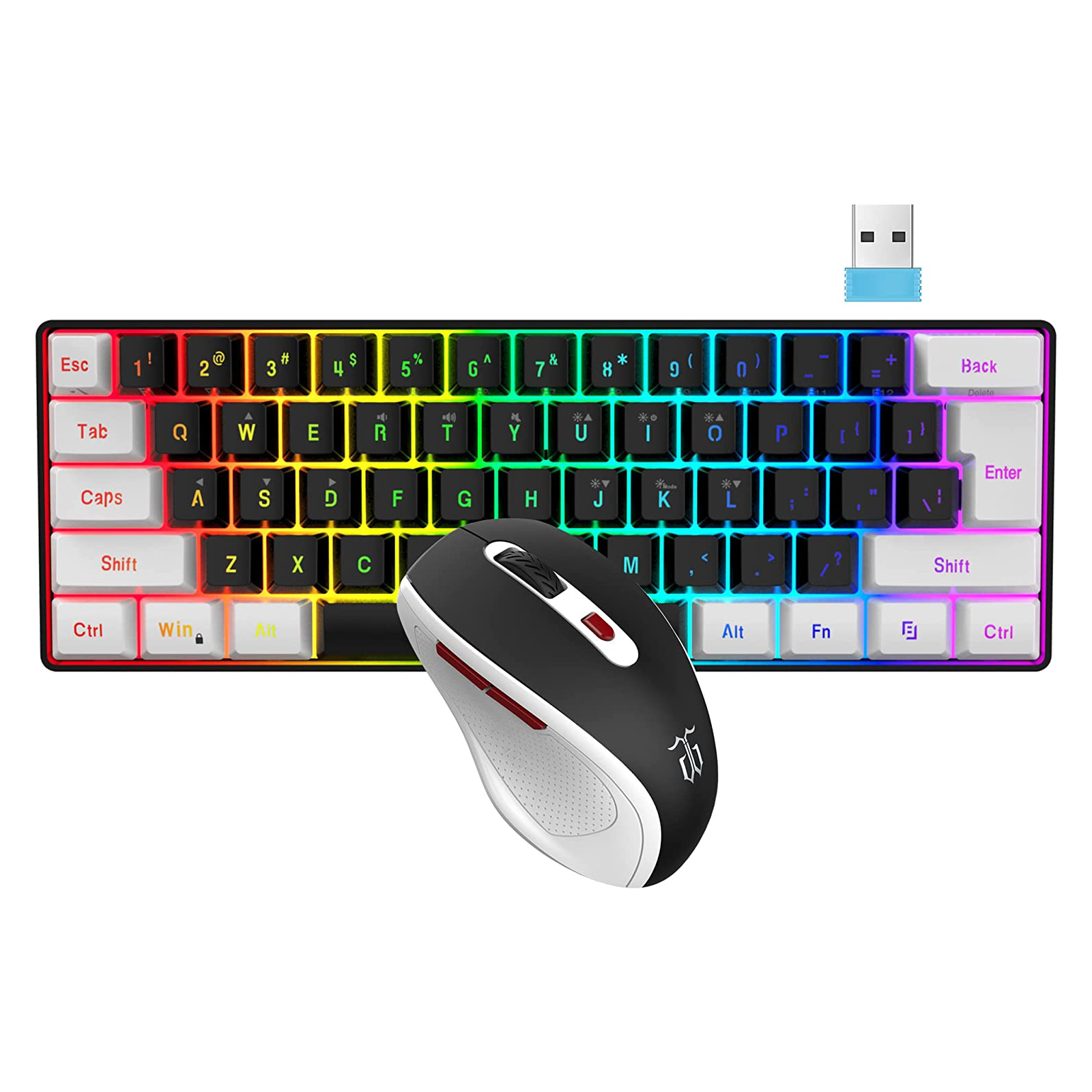 2.4G Wireless Gaming Keyboard and Mouse Combo, Include Mini 60% Mechanical Feel RGB Backlit Keyboard, Ergonomic Vertical Feel Small Wireless Mouse(White and Grey)