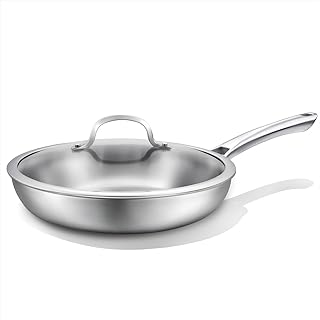12 inch Tri-Ply Stainless Steel Frying Pan with LID,PFOA&PTFE Free Skillets,Chef\'s Pans,Dishwasher and Oven Safe Cookware, Works on Induction,Ceramic and Gas Cooktops