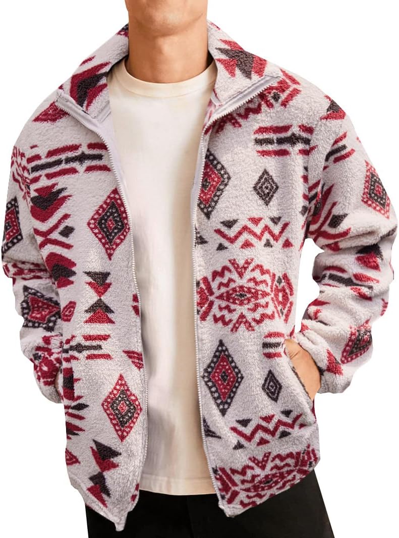 Men Ethnic Aztec Printed Fluffy Fuzzy Jacket Plush Fleece Casual Stand Collar Zip Outwear Cardigan Coat with Pockets
