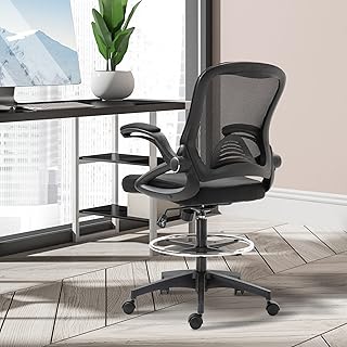Alolo Drafting Chair,Big and Tall Office Chair with Footrest Ring,Ergonomic Chair for Counter Height and Standing Desk Comfy with Lumbar Support and Flip-up Armrests in Heavy Rolling Base,Black