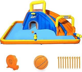 H2OGO! 18 x 16.5 x 8.7 Foot Super Double Racing Super Speedway Kids Inflatable Water Park with Air Blower, Ground Stakes, and Storage Bag