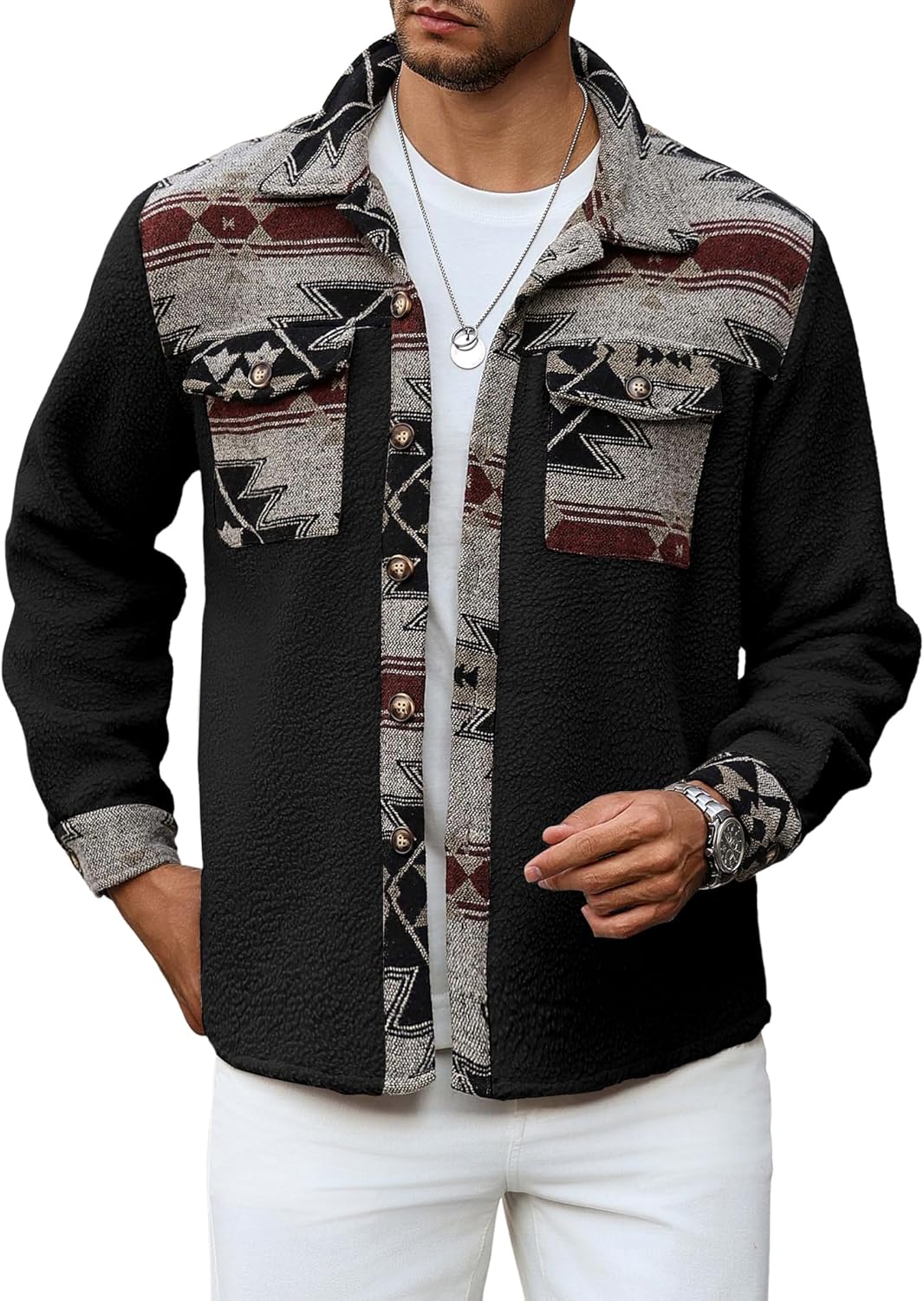 ZAFUL Men\'s Ethnic Aztec Printed Jacket Coat Flap Pocket Casual Long Sleeve Lightweight Lapel Faux FleeceShacket Top