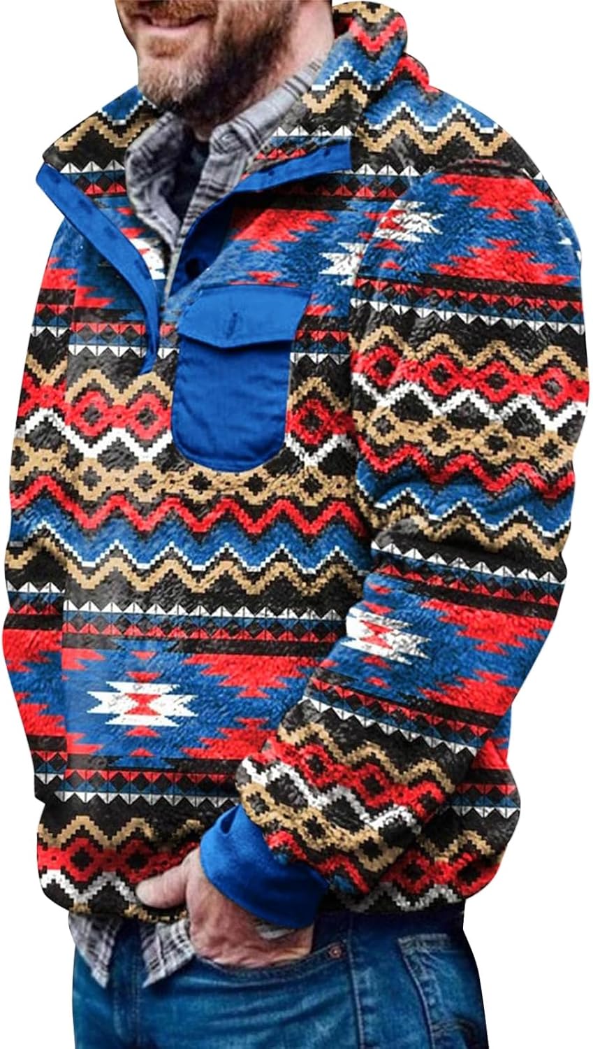Runcati Mens Aztec Fleece Jackets Fuzzy Sherpa Winter Pullover Sweatshirts Western Vintage Coat with Pockets