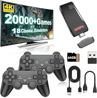 ANGFA Wireless Retro Game Console Stick, Upgrade Retro Video Gaming Stick Built in 20000+ Games with 18 Emulators, 4K HDMI Output with 2 Pack 2.4G Wireless Controllers for Nostalgia Gifts- 64GB