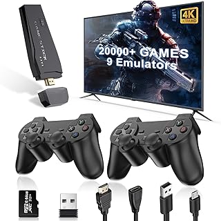 2025 Upgrade Retro Gaming Console, Wireless Retro Game Console Stick with 18 Built-In Emulator, 20000+ Games, Plug and Play Video Games for Tv, 4K HDMI Output with 2 2.4G Wireless Controllers (64GB)