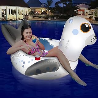 Inflatable Pool Floats Adult w/Lights, Solar Sea Lion Pool Float with Cup Holder & Dual Handles, Light Up Pool Floats Tube Swim Rings for Pool Floating, Pool Floaties for Adults Beach Party
