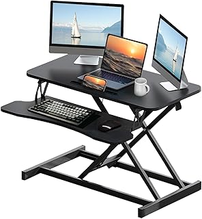 32 Inch Home Office Desk Converter Height Adjustable Sit to Stand Riser, Dual Monitor Laptop Workstation with Wide Keyboard Tray (Black)