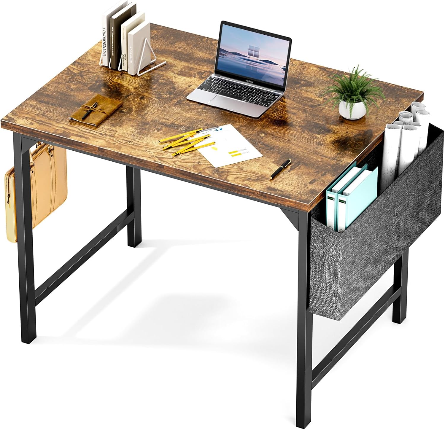 Computer Small Office Desk 32 Inch Student Kids Study Writing Work with Headphone Hooks & Storage Bag Modern Simple PC Home Bedroom Table, Rustic Brown