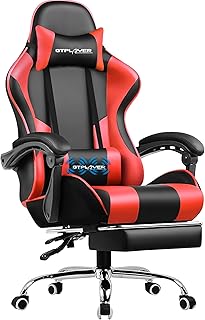 GTPLAYER Gaming Chair, Computer Chair with Footrest and Lumbar Support, Height Adjustable Game Chair with 360°-Swivel Seat and Headrest and for Office or Gaming (Faux Leather, Red)