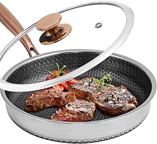 Frying Pans Nonstick, 12 inch Hybrid Non Stick Frying Pan with Lid, Stainless Steel Non Toxic PFOA Free Scratch-resistant Coating Skillets, Dishwasher & Oven Safe Induction Compatible Cookware