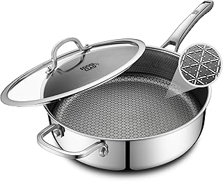 Frying Pans Nonstick with Lid,Hybrid Non Stick 5 Quart Saute pan,PFOA Free Cookware,Stainless Steel skillet,12 inch Deep Saute Pan,Dishwasher and Oven Safe,Works on Induction,Ceramic and Gas Cooktops