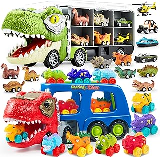 13 in 1 Dinosaur Toys with Dinosaur Truck Toys for Kids 3-5, Dinosaur Truck with 12 Pull Back Cars, Dinosaur Cars Set, Dinosaur Car Carrier Truck Toy with 6 Dinosaur Figures Rubber Car Vehicles