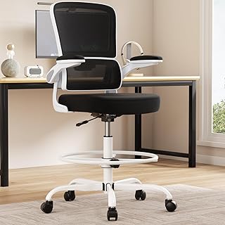 Alolo Drafting Chair,Big and Tall Office Chair with Foot Rest Ring,Executive Ergonomic Standing Desk Chair Comfy with Flip-up Armrests and Breathable Mesh Lumbar Support in Heavy Rolling Base,White