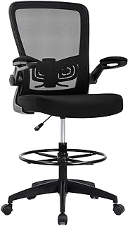 Drafting Chair Tall Office Chair Adjustable Height with Lumbar Support Flip Up Arms Footrest Mid Back Task Mesh Desk Chair Computer Chair Drafting Stool for Standing Desk, Black