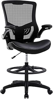 Drafting Chair Ergonomic Tall Office Chair Standing Desk Chair with Flip Up Arms Foot Rest Back Support Adjustable Height Mesh Drafting Stool, Black