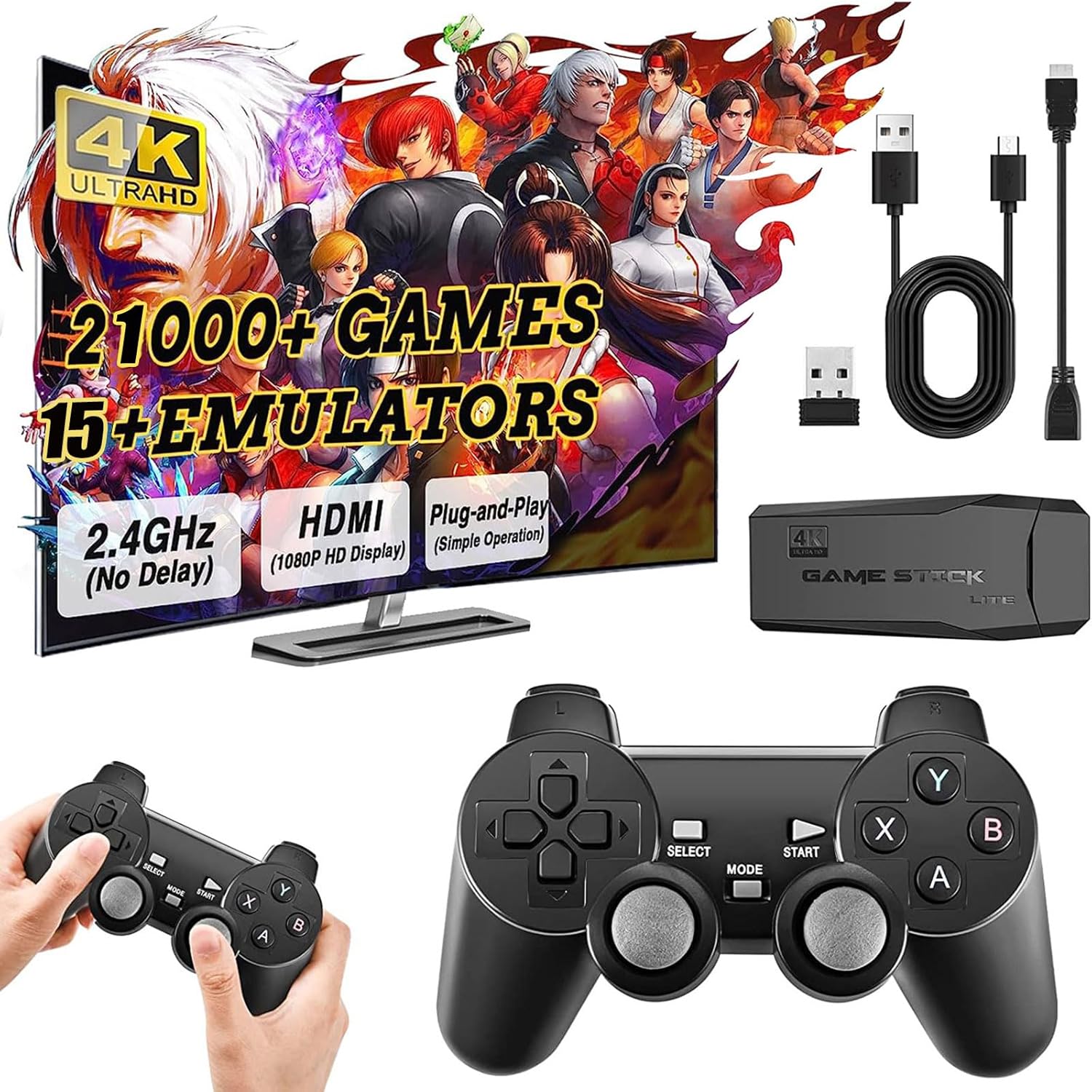 Retro Game Console, Nostalgia Retro Game Stick, Plug & Play Video TV Game Stick with 20000+ Games Built-in, 4K HDMI Output, Dual 2.4G Retro Game Consoleulators